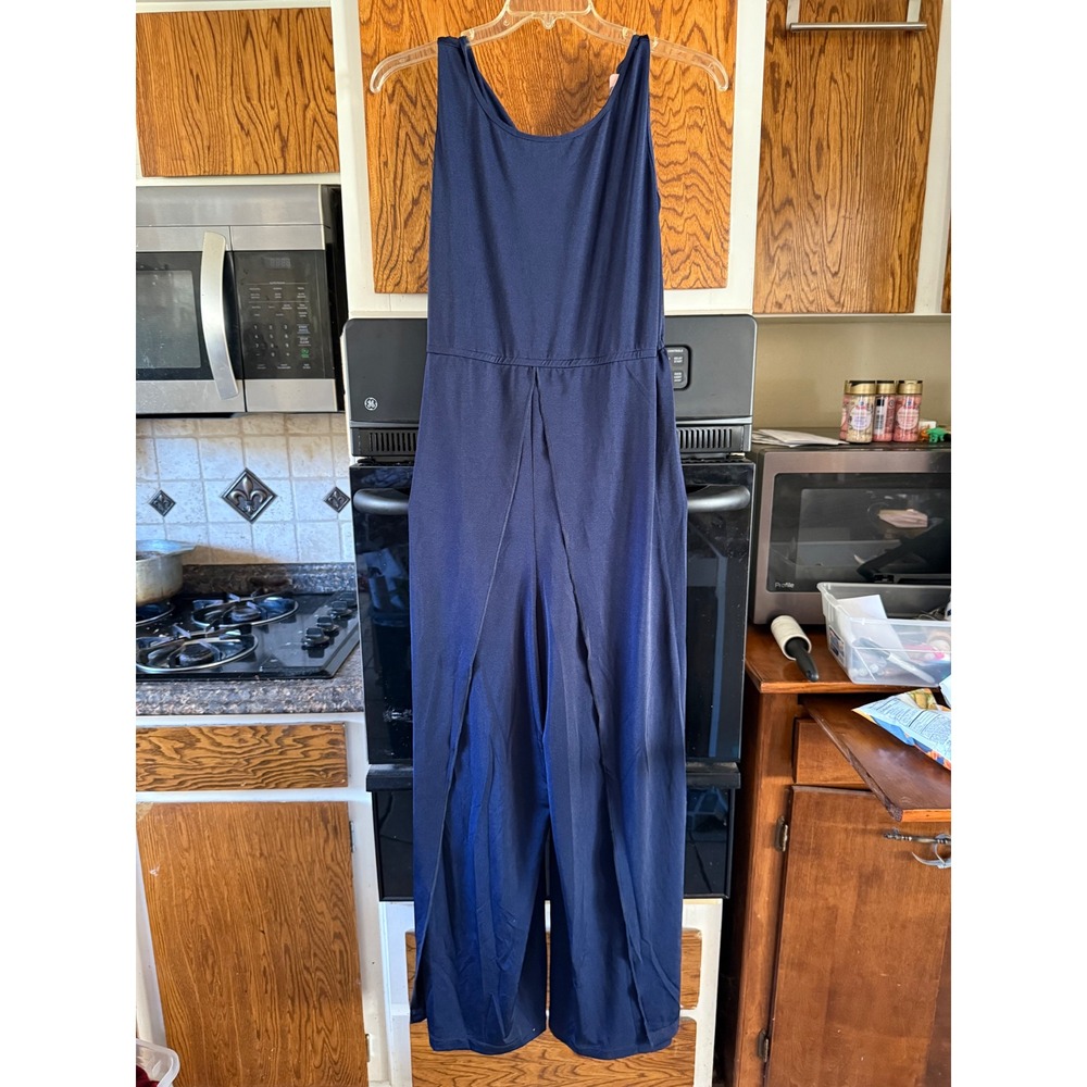 KOH KOH Navy Wide Leg Split Front Jumpsuit Sleeveless Keyhole Back Large NEW